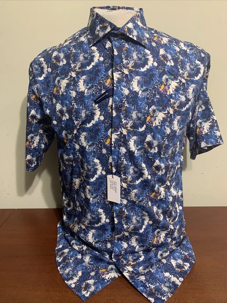 Johnnie-O Keeler Top Shelf Men Button Up Medium Blue Floral Stretch Shirt NEW