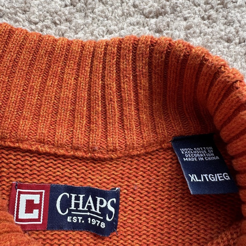Chaps Sweater Mens XL 1/4 Button Mock Neck Long Sleeve Elbow Pads Orange gallery