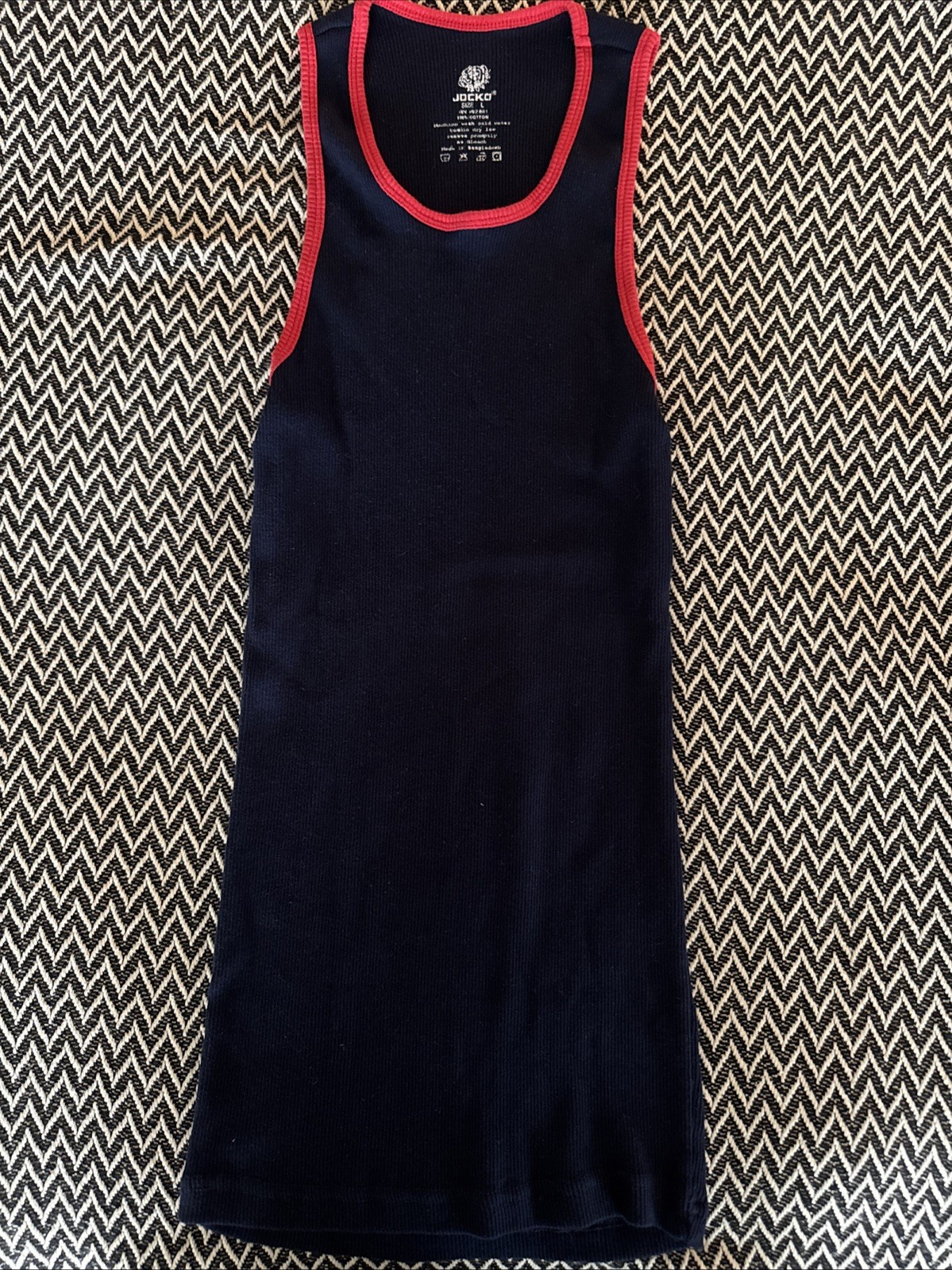 Jocko Men’s Size Large Blue Tank Top with Red Trim gallery