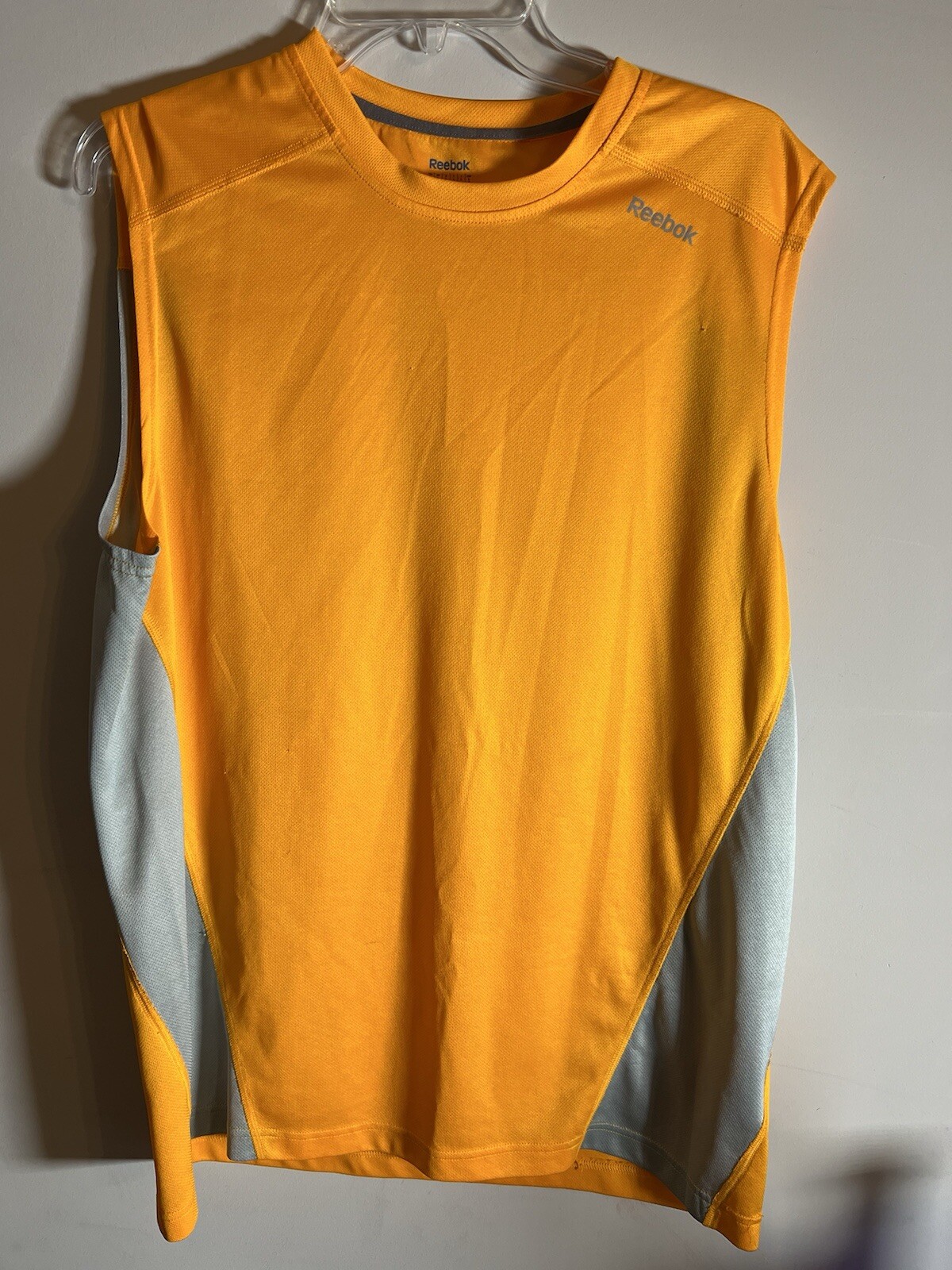 Reebok Play Dry Mens Size Large Gold Gray W/ Logo Athletic￼Muscle Shirt gallery