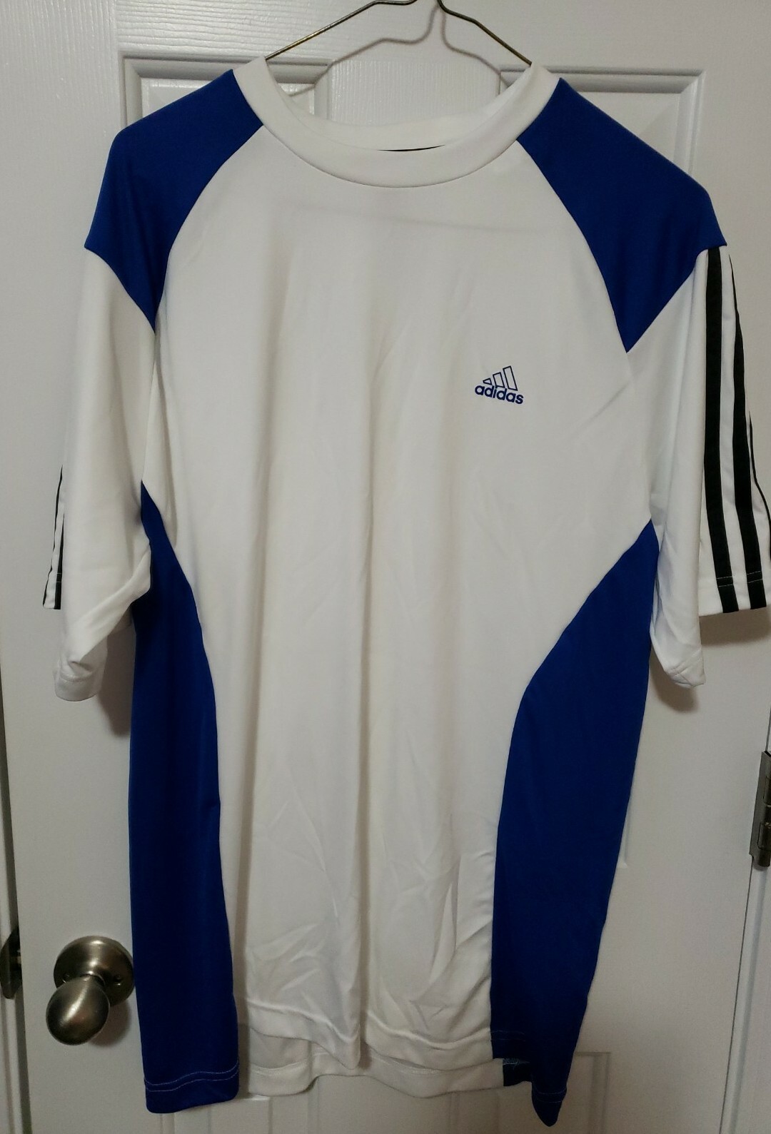 Men's Adidas Active 360 Athletic 3 Stripes Short Sleeve Shirt White & Blue Sz M gallery