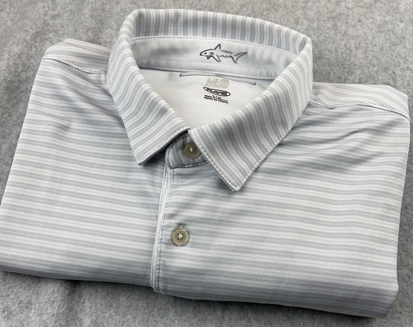 Greg Norman Play Dry Golf Polo Shirt Mens LG White Gray Stripe Shark Logo gallery