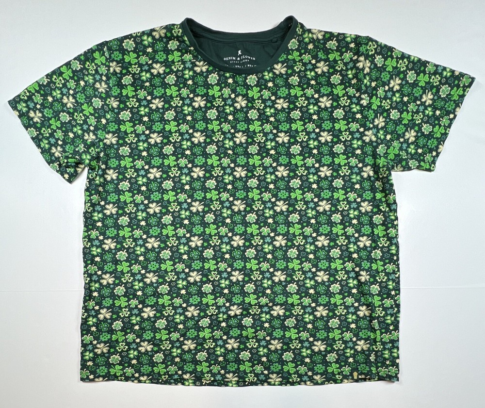 Denim & Flower Green All Over 4 Leaf Clover Print T Shirt Large St Patrick day