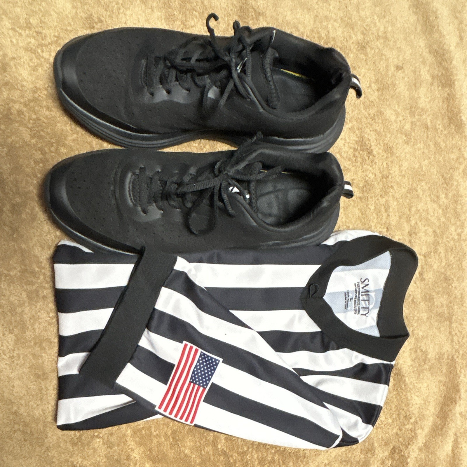 Smitty Men's Referee Jersey Black White Striped Short Sleeve USA Flag Patch gallery