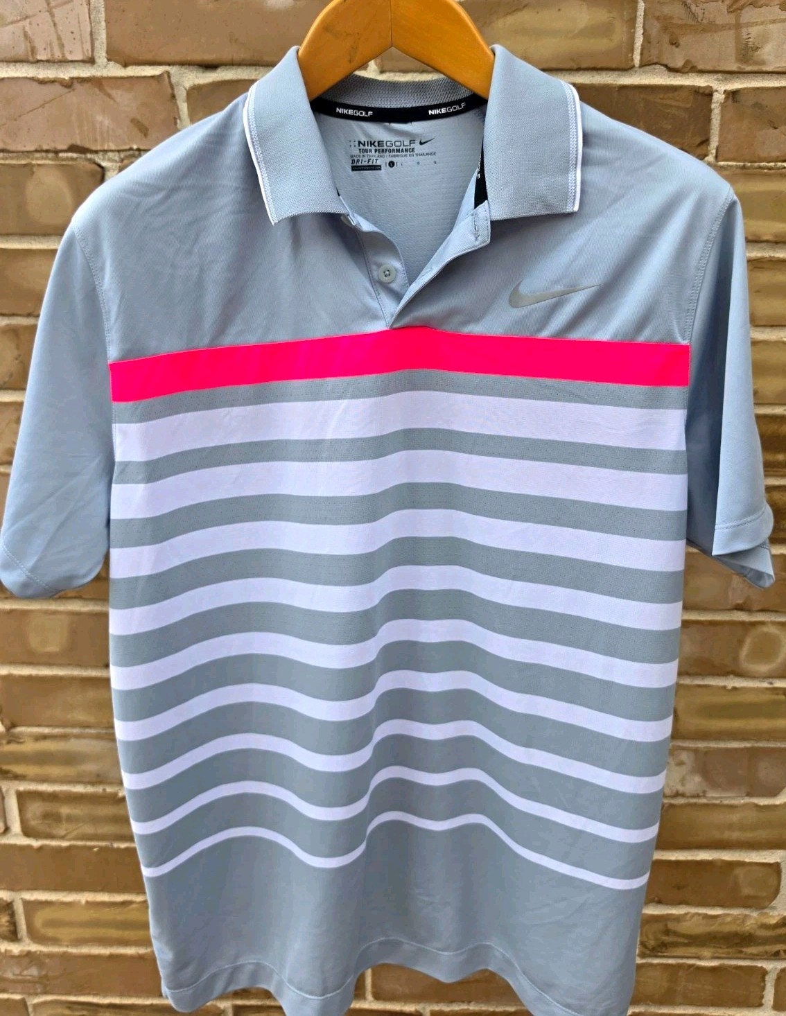 Nike Golf Tour Performance Dri-FIT Men's L Gray Pink Striped SS Polo gallery
