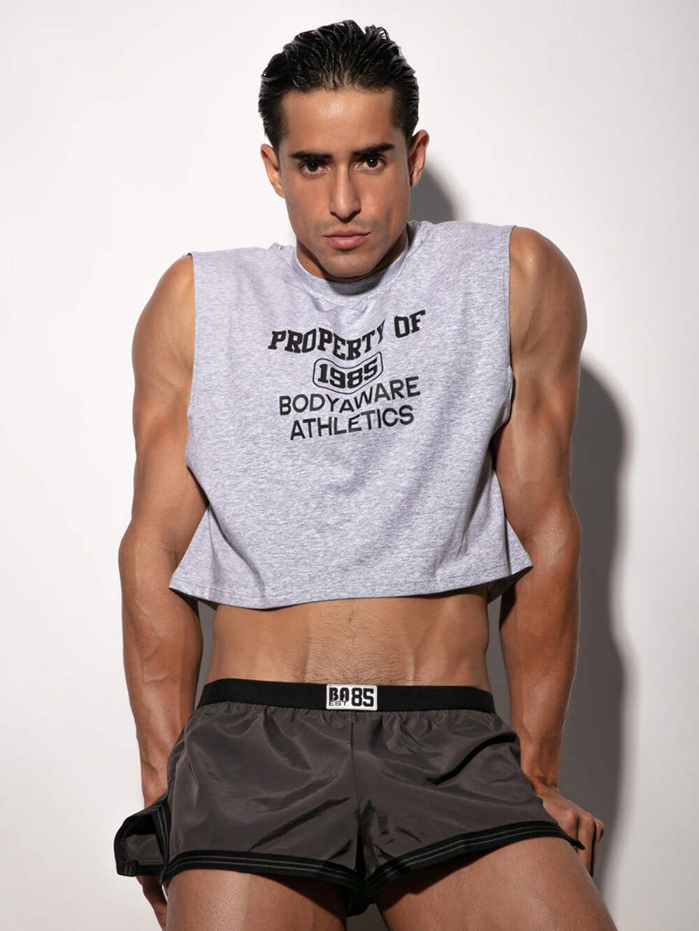 Body Aware Varsity 85 Crop Top for Men (Grey) - Sexy Athletic Clothes for Guys gallery