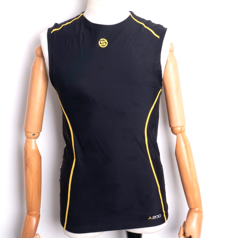 SKINS A200 Mens Compression Sleeveless Shirt Top Black Yellow Size S Fabric Tag