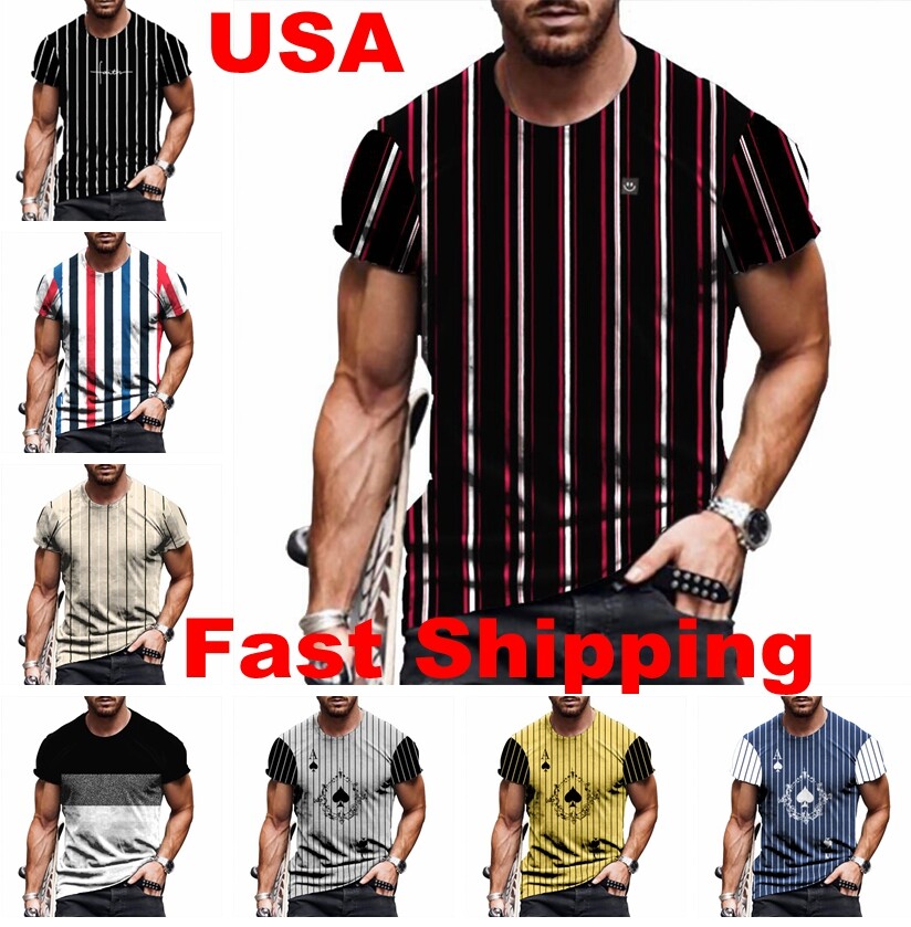T-Shirt Men Striped Vintage Graphic Print Fitness Workout Tee Shirt Active Wear gallery