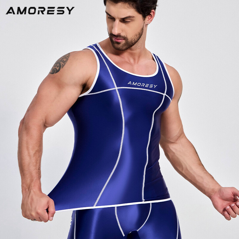 AMORESY Men Oil Glossy Activewear Tops Gym Sleeveless Sport Vests Running Tanks gallery