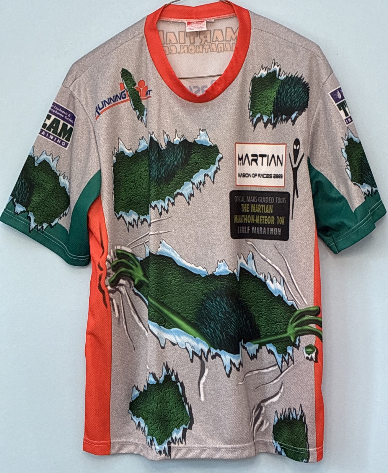 Vtg Martian Marathon 2009 Multicolor All Over Print Mesh T Shirt Alien Asics med gallery