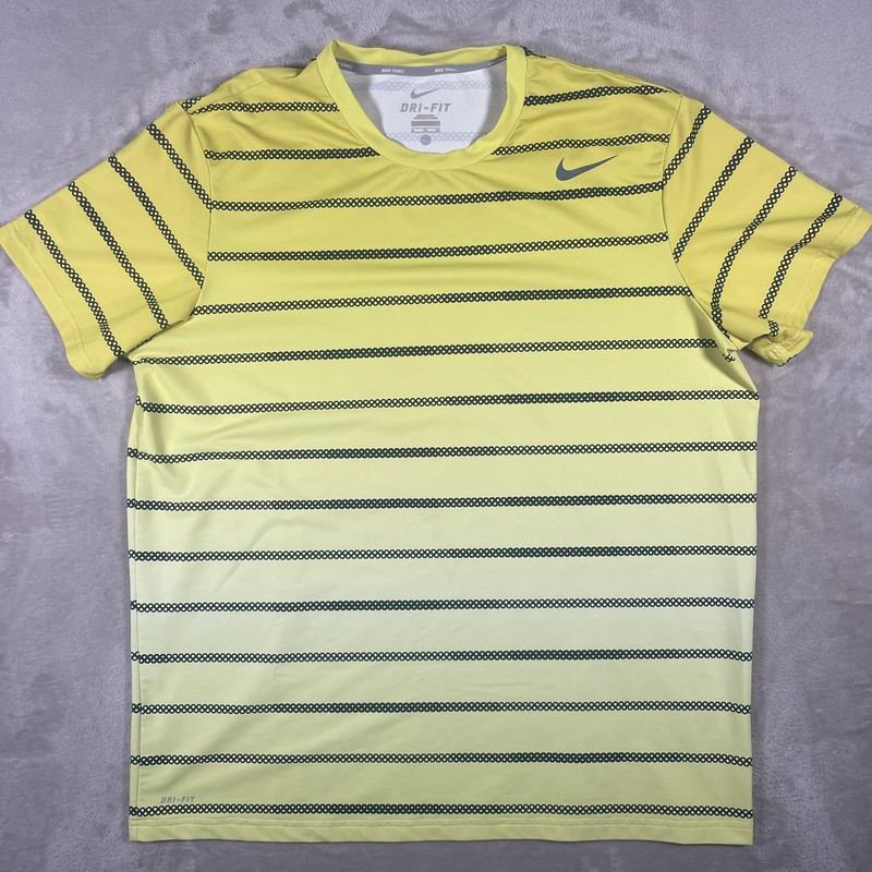 Nike Court Team DryFit Tennis T-Shirt Beaded Striped Yellow ombre Mens XL gallery