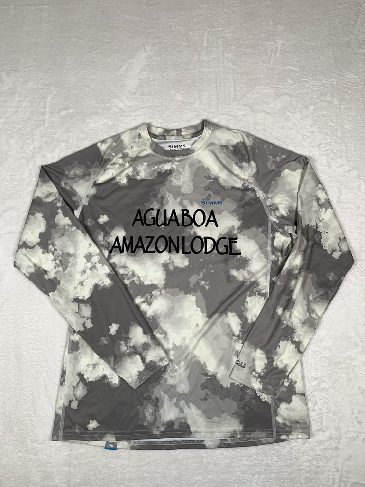 Simms SolarFlex Shirt Mens Medium Gray Camo L/S UPF 50 Agua Boa Amazon Lodge