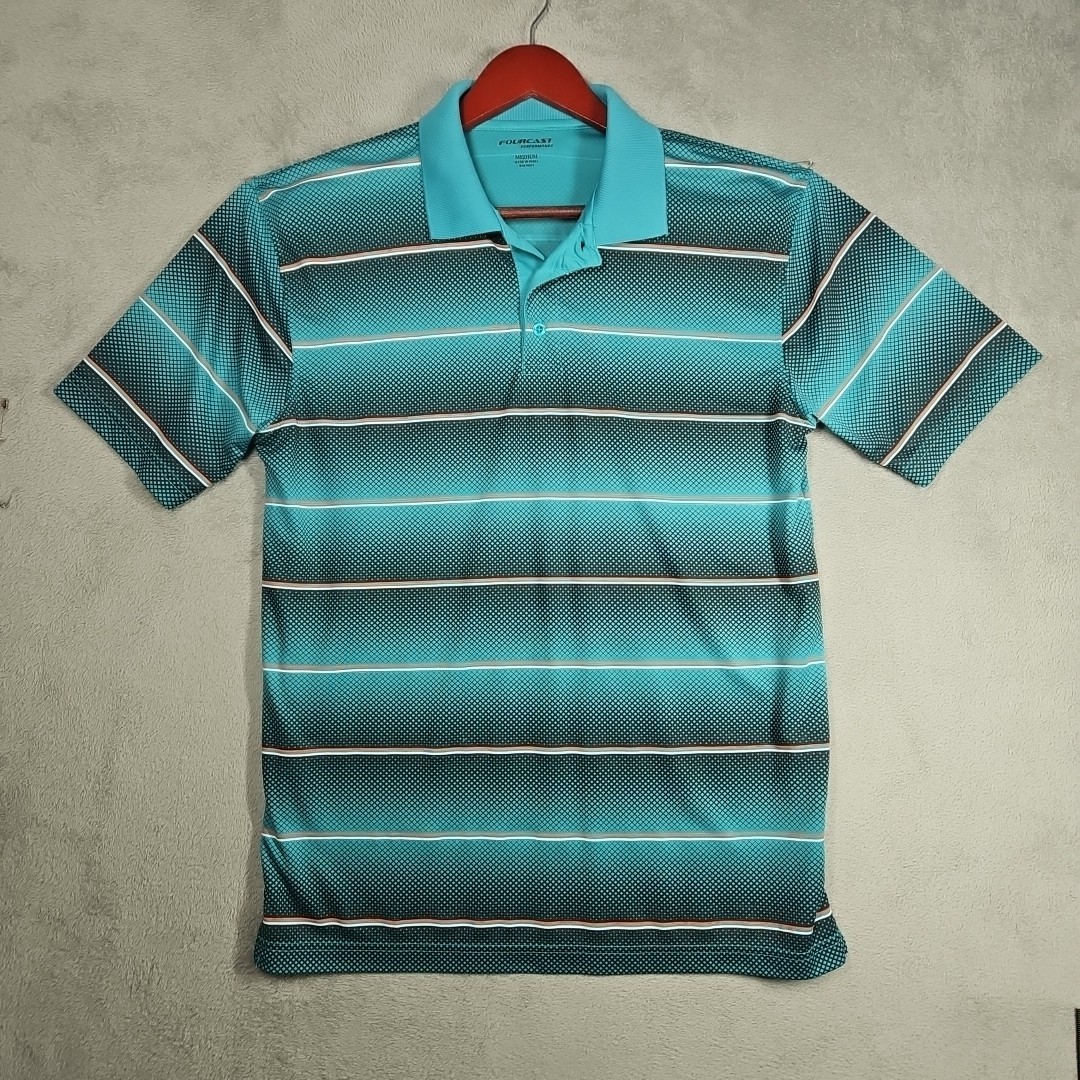 Fourcast Performance Polo Golf Shirt Turquoise Black White Orange 3 Button Sz M gallery