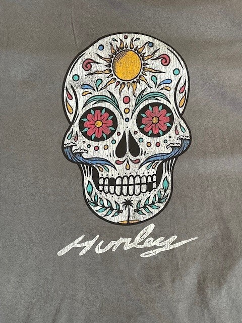 Hurley Shirt LARGE Dark Gray Sugar Skull Mexican Graphic Logo Casual Mens gallery