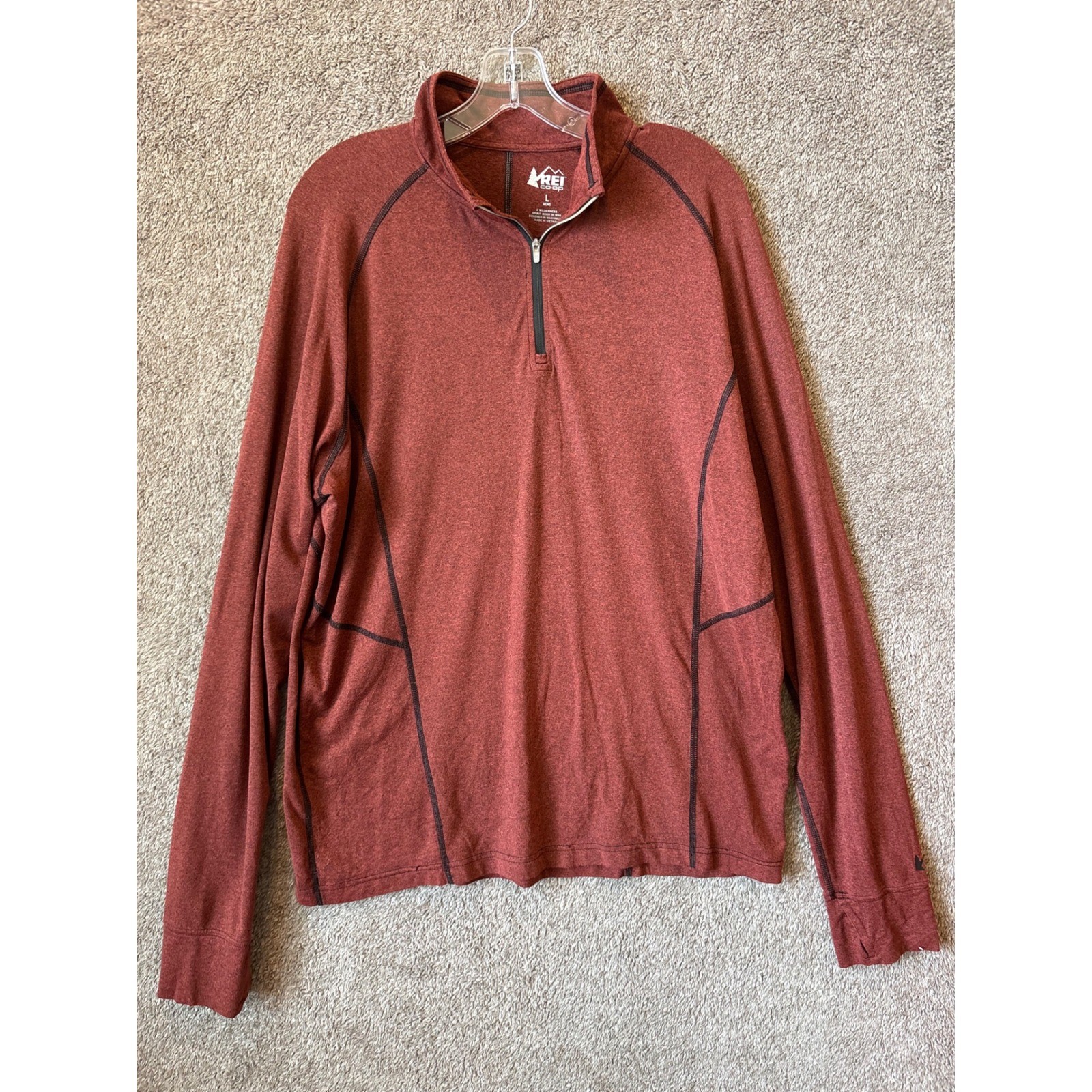 REI Co-op Mens Large Quarter Zip Pullover Rust Red Heather Thumbhole Hiking Top gallery