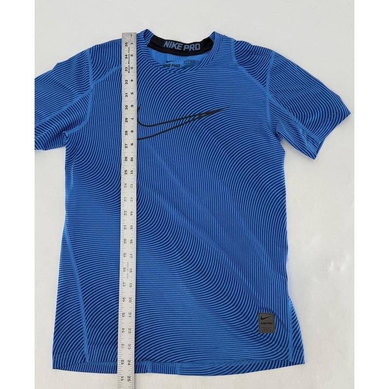 NIKE Pro Men's Blue Black Optical Illusion Stripe Fitted Workout Shirt Top Sz L gallery