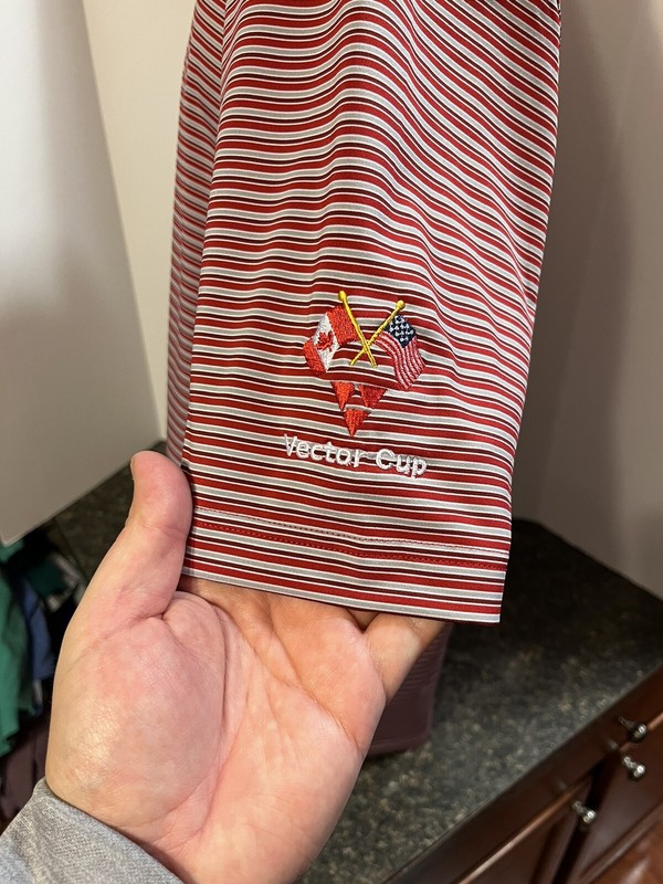 Cutter & Buck Men’s Polo Shirt Red Gray Striped L Poly Blend Vector Cup Logo gallery