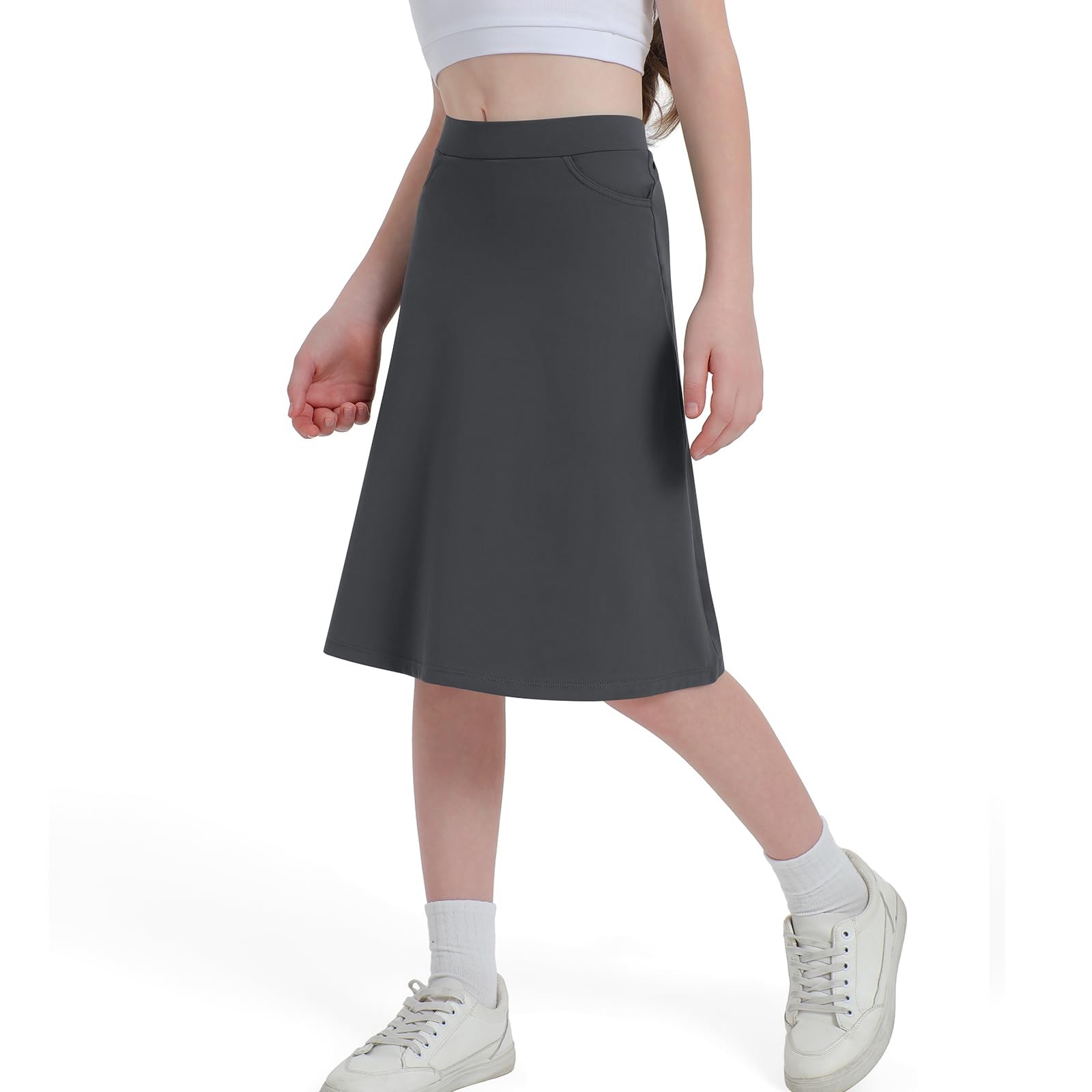 Girl Midi Knee Length Skirts with Arc-Shaped Pockets, Knee Long Skorts for Gi... gallery