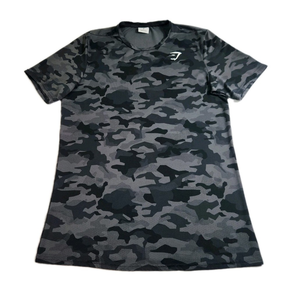 Gymshark Shirt Men's Med Black Gray Camouflage Short Sleeve Workout Training Gym