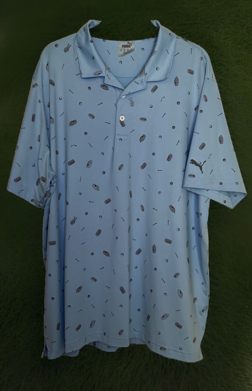 NWOT PUMA XL BLUE GEOMETRIC GOLF GEAR BALLS TEES GLOVES GOLF POLO SHIRT MENS gallery