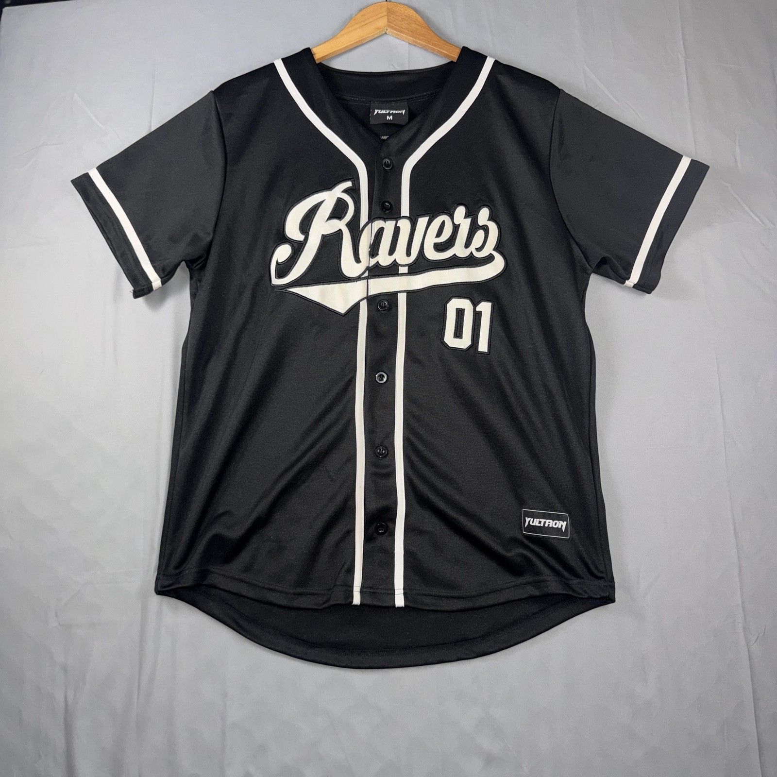 Yultron Baseball Jersey Mens Medium Black Ravers 01 Button Front Graphic Shirt gallery