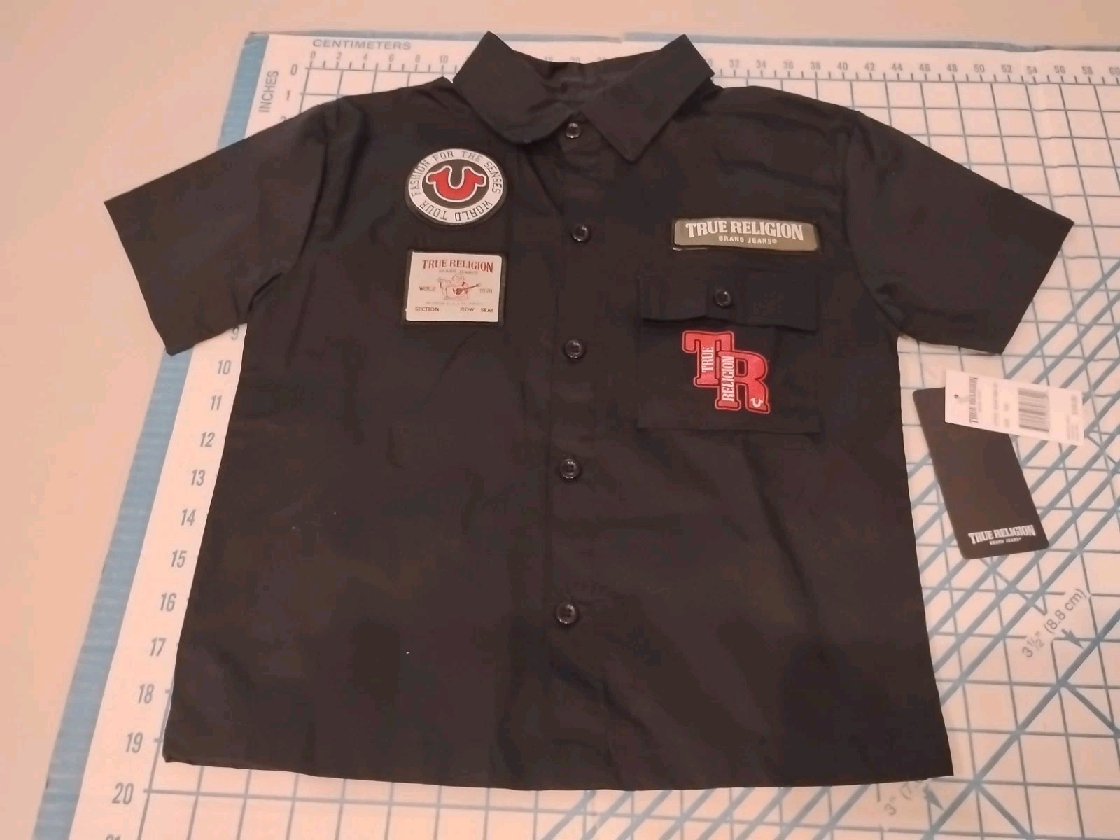 YOUTH LARGE (14/16) BLACK TRUE RELIGION BUTTON UP SHIRT WITH PRINT & PATCHES-NWT gallery