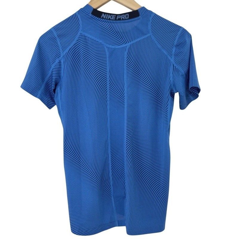 NIKE Pro Men's Blue Black Optical Illusion Stripe Fitted Workout Shirt Top Sz L gallery