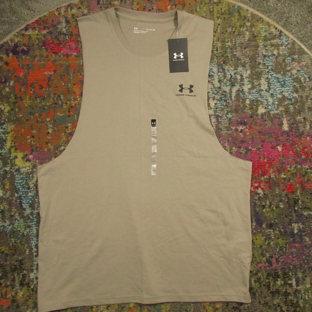 Under Armour Cut Off Tank Top Mens XL Loose Taupe Cotton Blend Crew Neck NWT NEW