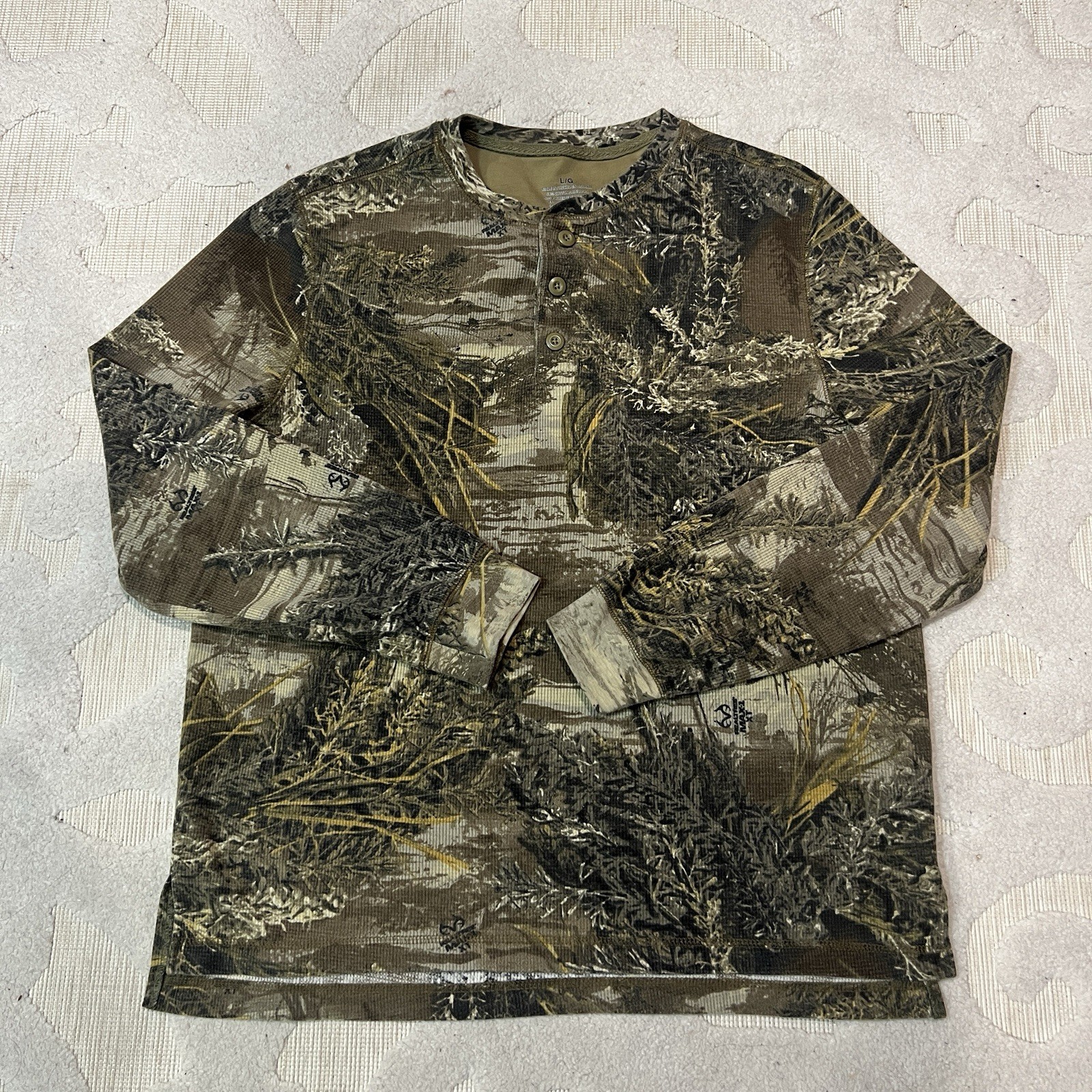 Vintage Realtree Camo Henley Shirt Mens L Green Waffle Thermal Hunting gallery