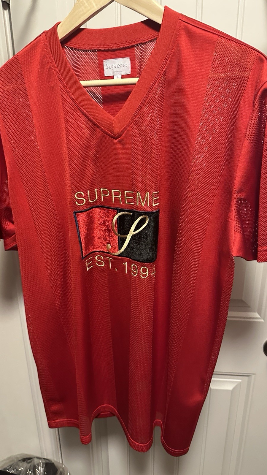 Supreme Velvet Logo Mesh Stripe Top Jersey Tee SS16 Soccer Jersey Men’s Size L gallery
