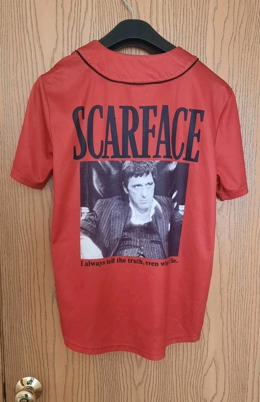 Scarface Mens Red And Black Tony Montana Baseball Jersey Size M gallery