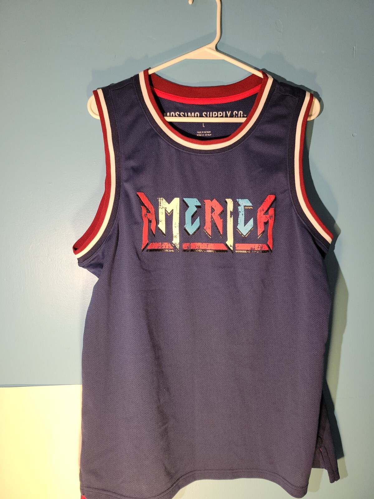 Mossimo Supply Mens Red White & Blue AMERICA Basketball Jersey Size L gallery