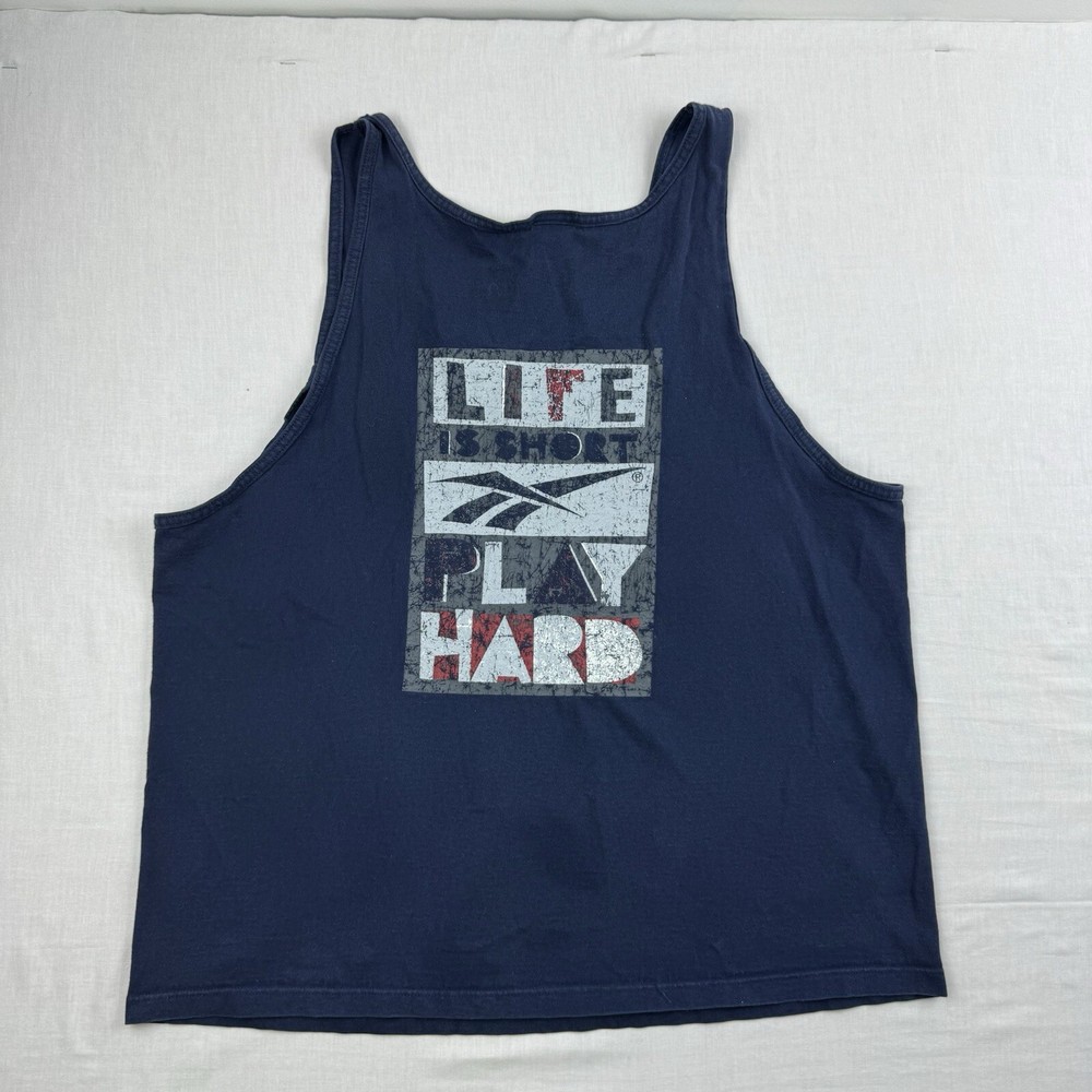 Vintage Reebok Tank Top Adult XL Blue Life Is Short Play Hard Sports 90s Classic