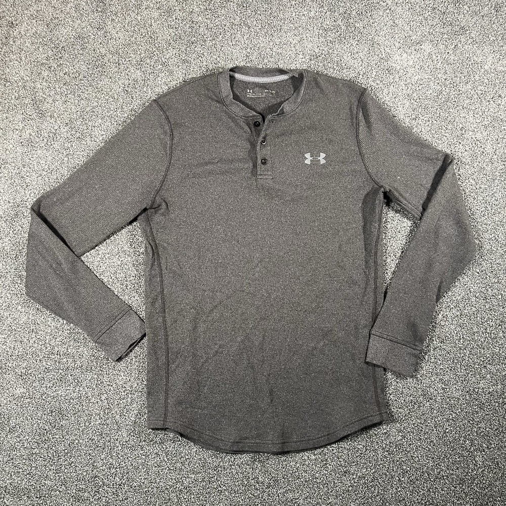 Under Armour Waffle Knit Henley Shirt Mens Small Gray Long Sleeve Thermal