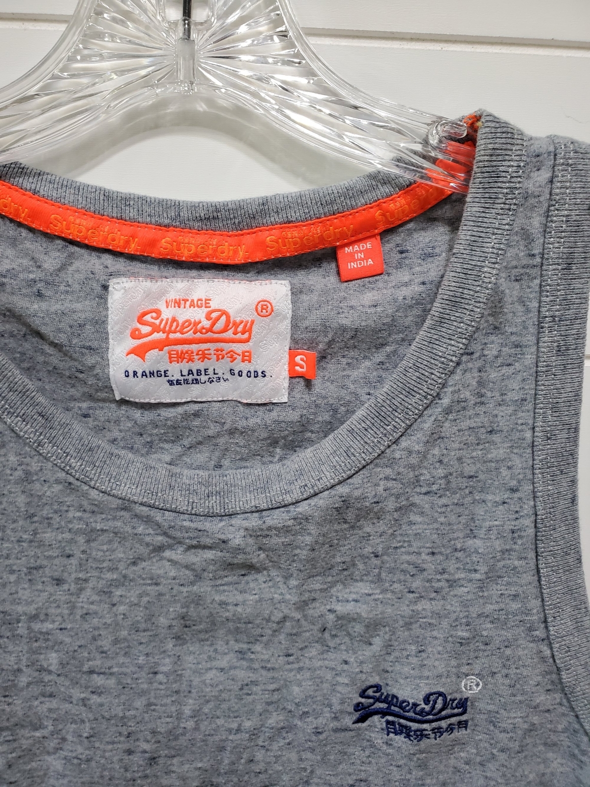 Vintage SUPER DRY mens size S made in India gray blue tank top orange stitching gallery