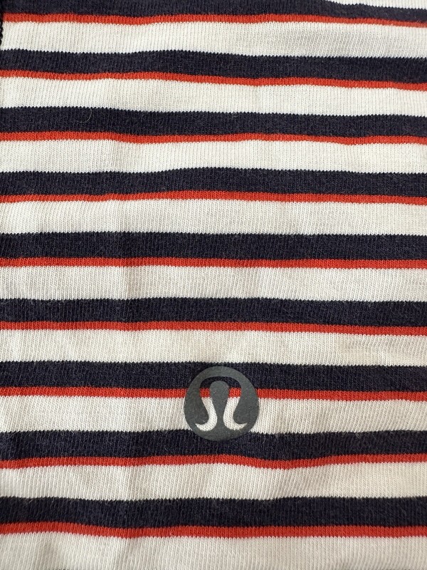 LULULEMON T-shirt Mens Large red white blue striped short sleeve Stretch Gym gallery