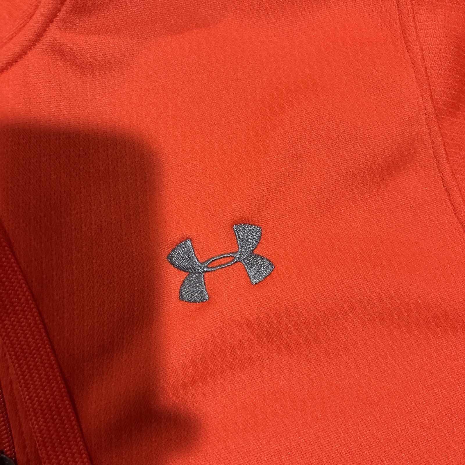 Under Armour Mens Hoodie Jacket Medium Orange Loose Full Zip Pockets Gray Logo gallery