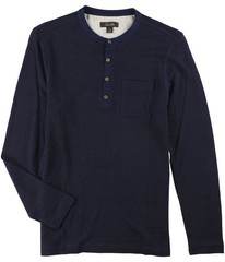 Tasso Elba Mens Linen Marled Henley Shirt, Blue, Small