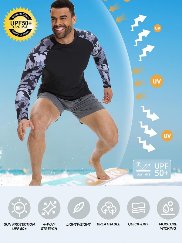 Men's UPF 50+ UV Protection Long Sleeve T-Shirt Sun Block Rash Guard Surf Shirts gallery