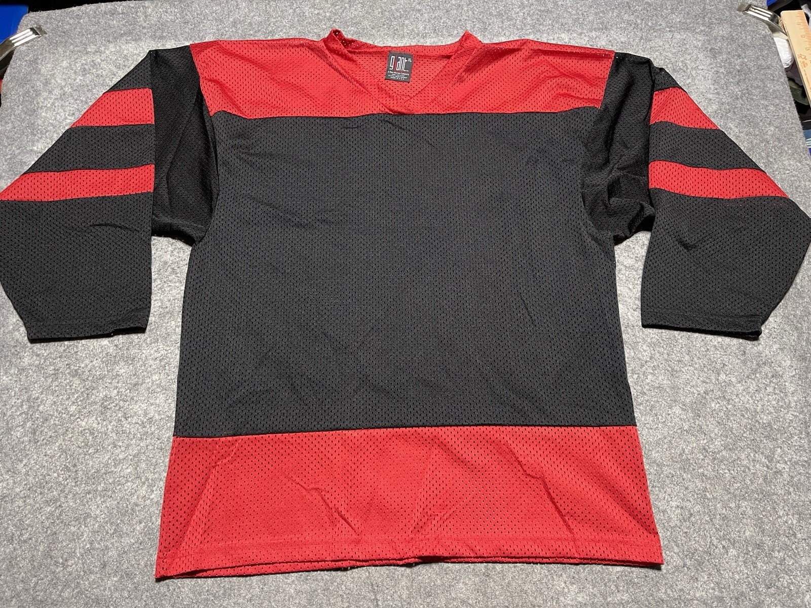 VINTAGE Red Black GIANT XL Hockey Jersey Shirt Black 3/4 sleeve Grunge USA Made gallery
