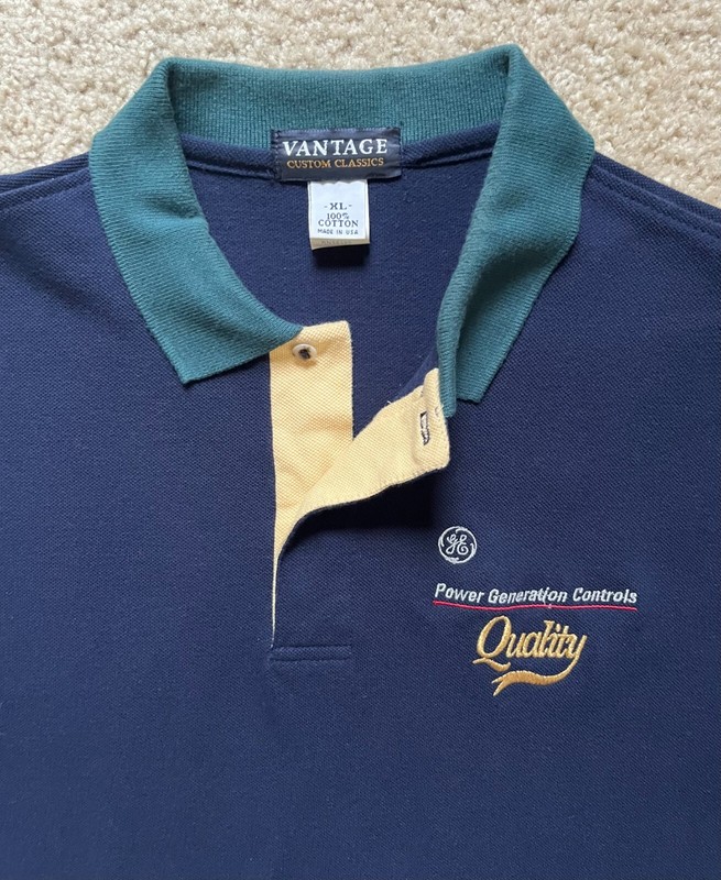 Vantage GE General Electric Logo Navy Blue Color Block Golf Polo Shirt Mens XL gallery