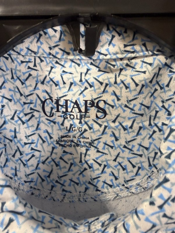 Chaps Golf Shirt Men L Short Sleeve Polyester White/Blue with Golf Tees Design gallery