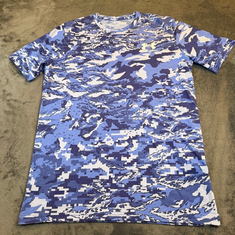 Under Armour Mens Small Blue Digital Camo Tiger Stripe Loose Fit T-Shirt SM gallery