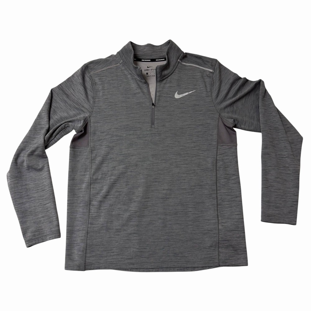 NIKE Running Large Gray 1/4 Zip Pullover Long Sleeve Quick Dry Logo Thumb Holes
