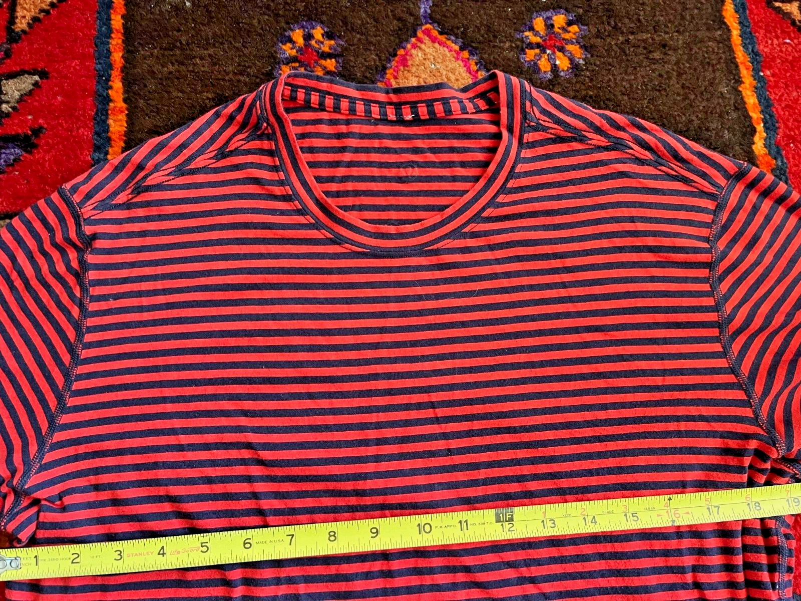 Lululemon Men’s Striped Tech Short Sleeve marked Med, 19 inch chest, unique Logo gallery