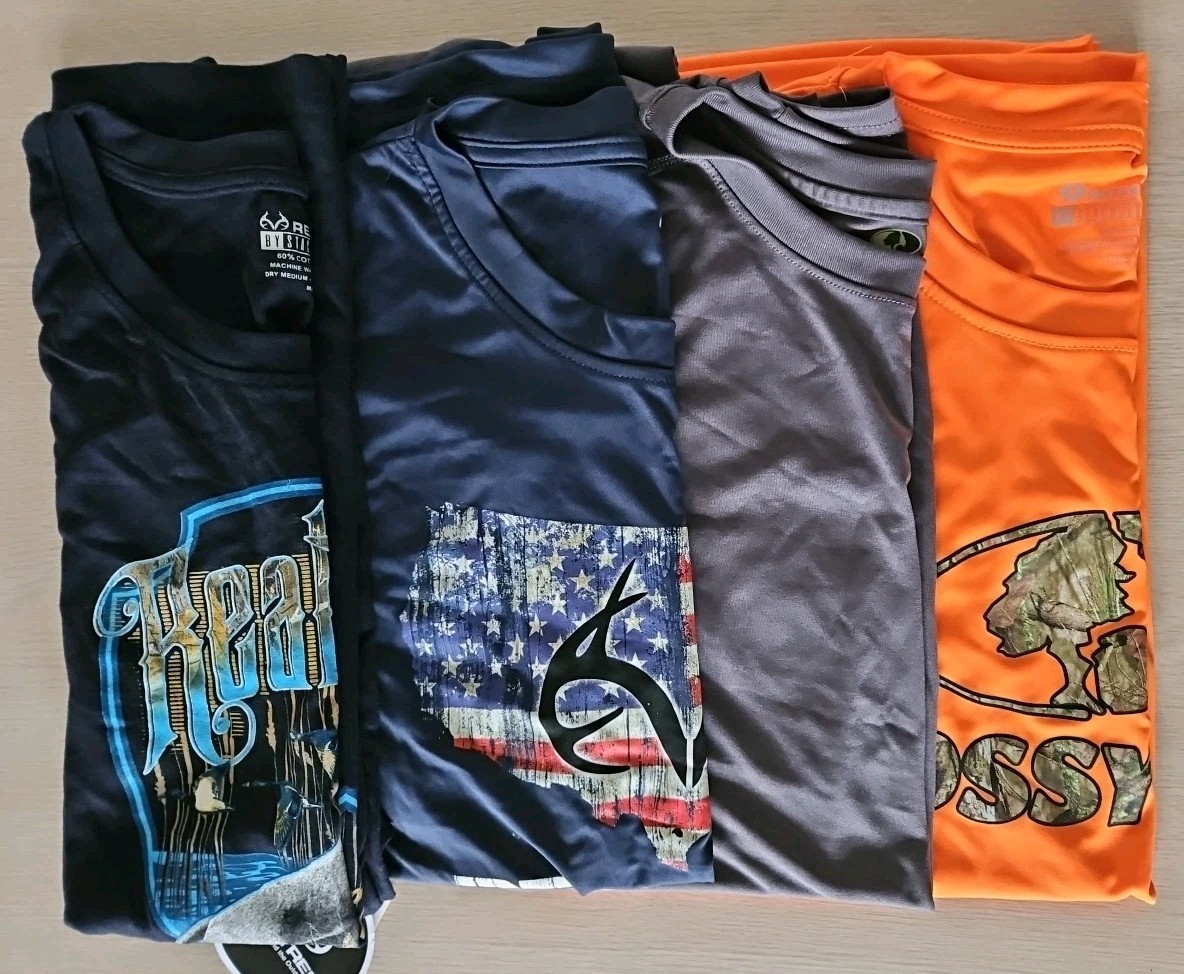 (4) Men's Size XL SHORT Sleeve Real Tree Mossy Oak T-Shirts Orange Camo Hunting gallery