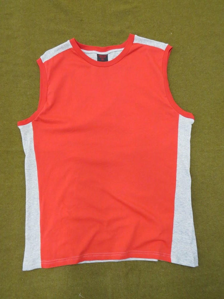 PRESTIGE Men's Activewear Tank Top Red Grey XL 100% Cotton Ribbed Panels
