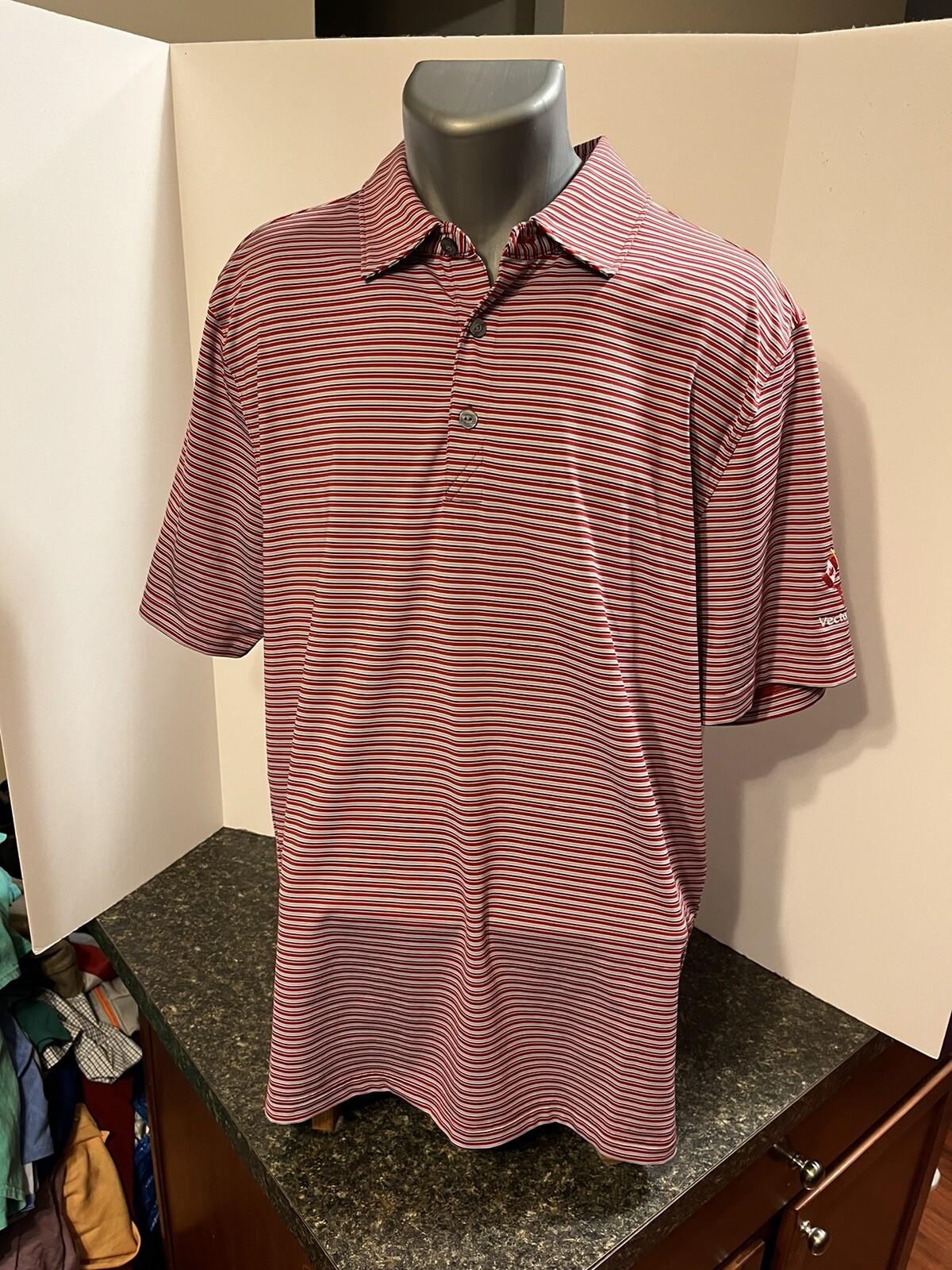 Cutter & Buck Men’s Polo Shirt Red Gray Striped L Poly Blend Vector Cup Logo gallery