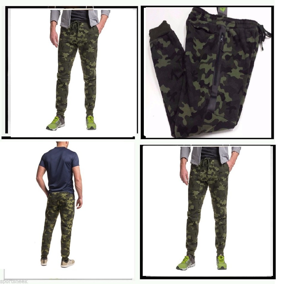 NEW RBX Active Men's Camo GREEN Tech Fleece Tapered Zipper Sweat Pants Medium
