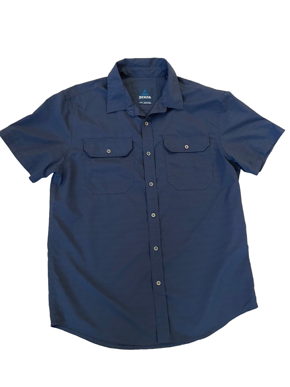 prAna Cayman Shirt Mens Medium Navy Blue Short Sleeve Grid Tech Hiking Travel gallery
